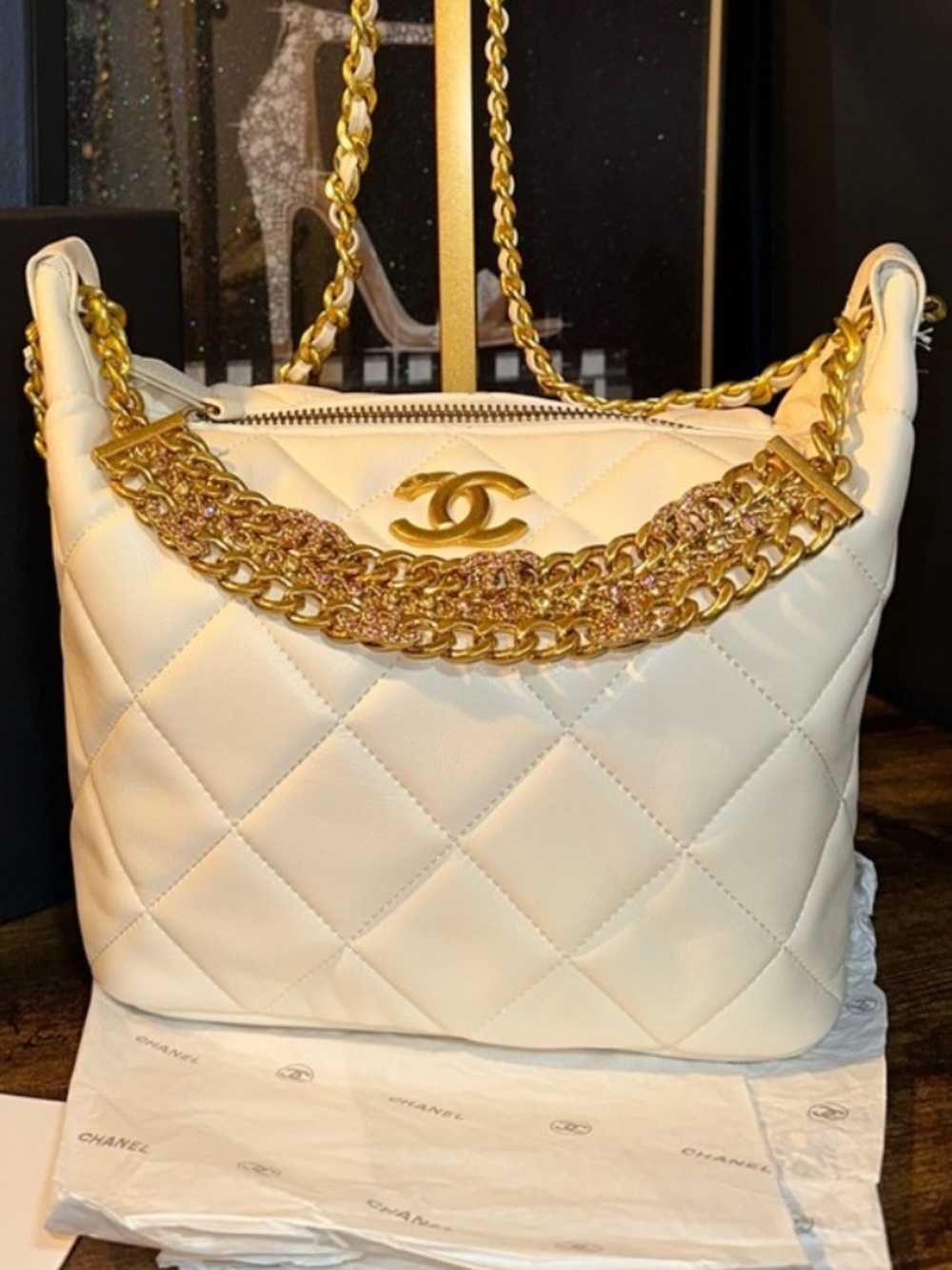New VIP Cream Quilted Bag with Gold Chain Accent.